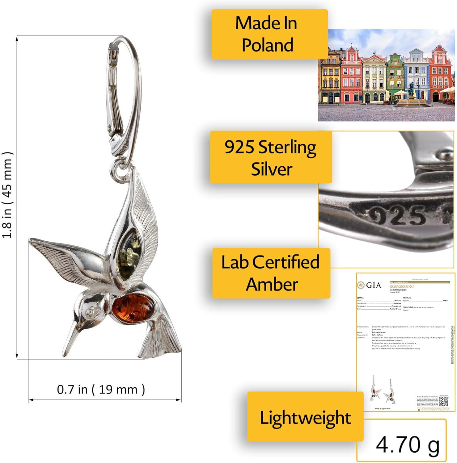 Hummingbird Earrings - GIA Certified Baltic Amber French Leverback Dangling Earrings - Sterling Silver Jewelry Collection