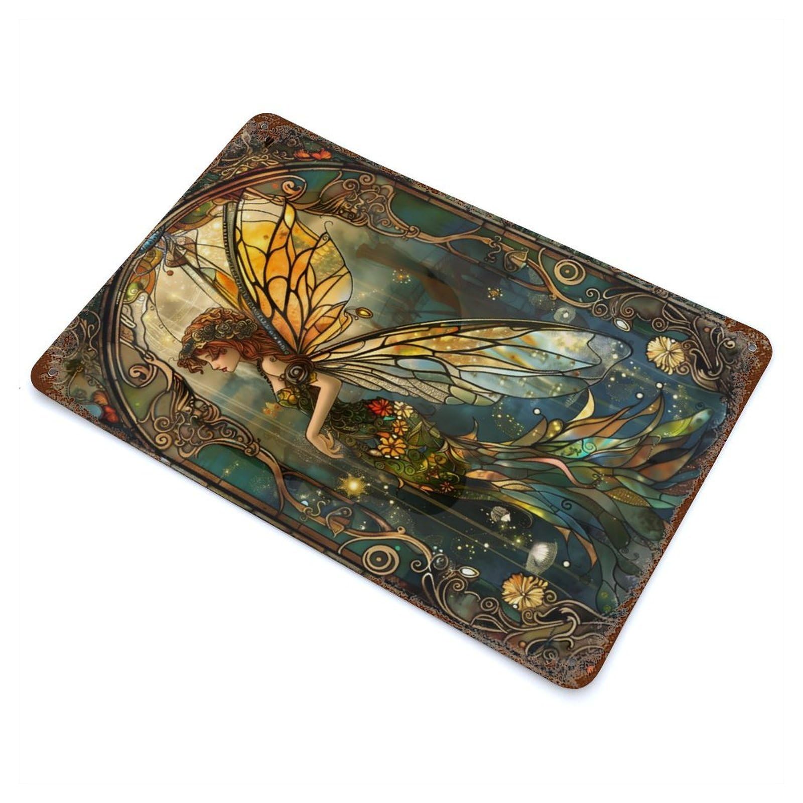 Garage Style Fairy Stained Glass Vintage Rust Metal Sign 11.8"x7.9", Vintage Wall Decor for Bar And Workshop