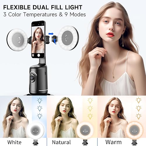 Miniatura 2 de Trípode de seguimiento facial automático con 2 anillos de luz para selfie, rotación de 360, soporte de teléfono para cámara de disparo inteligente