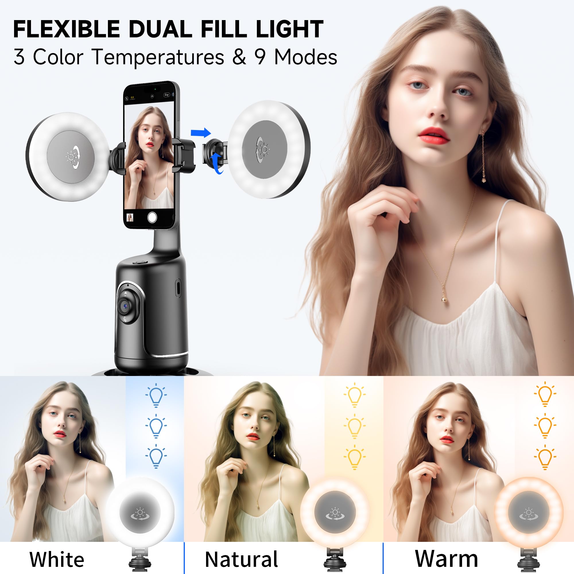 Auto Tracking Treppiede Smartphone con Luce Selfie, Supporto per Telefono Cellulare con Funzione di AI Tracciamento 360°del Viso e Telecomando, Stabilizzatore Gimbal Bastoni Selfie per iPhone/Android