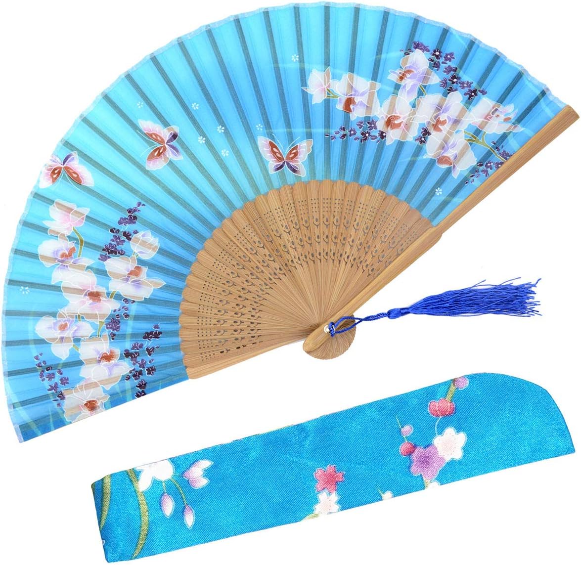 OMyTea® Hand Held Silk Folding Fans with Bamboo Frame - with a Fabric Sleeve for Protection for Gifts - 100% Handmade Oriental Chinese/Japanese Vintage Retro Style - for Women Ladys Girls (WZS-33)