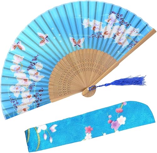 OMyTea Abanicos plegables de seda de mano con marco de bambú, con una funda de tela para protección para regalos, 100% hecho a mano oriental