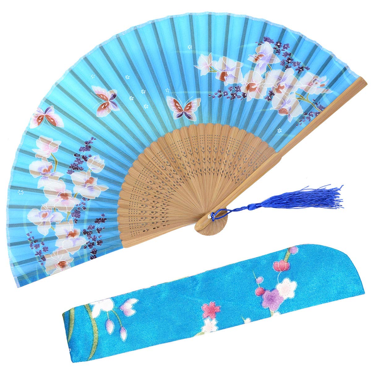 OMyTea "Orchis Chinese/Japanese Women Hand Held Silk Folding Fans with Bamboo Frame - With a Fabric Sleeve for Protection (WZS-33)