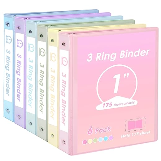 EOOUT 6 Pack 3 Ring Binders 1 inch, Three Round Ring 1'' Binders with 2 Pockets Interior, 6 Assorted Pastel Color, Fits 8.5'' x 11'' Letter Size Paper for School Office Supplies