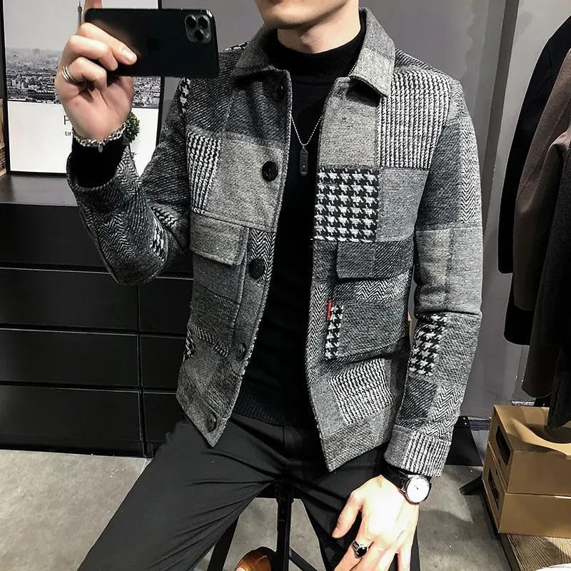Xingfenly Autumn and Winter Men' Casual Lapel Hoodless Jacket/Male Slim Plaid Coat