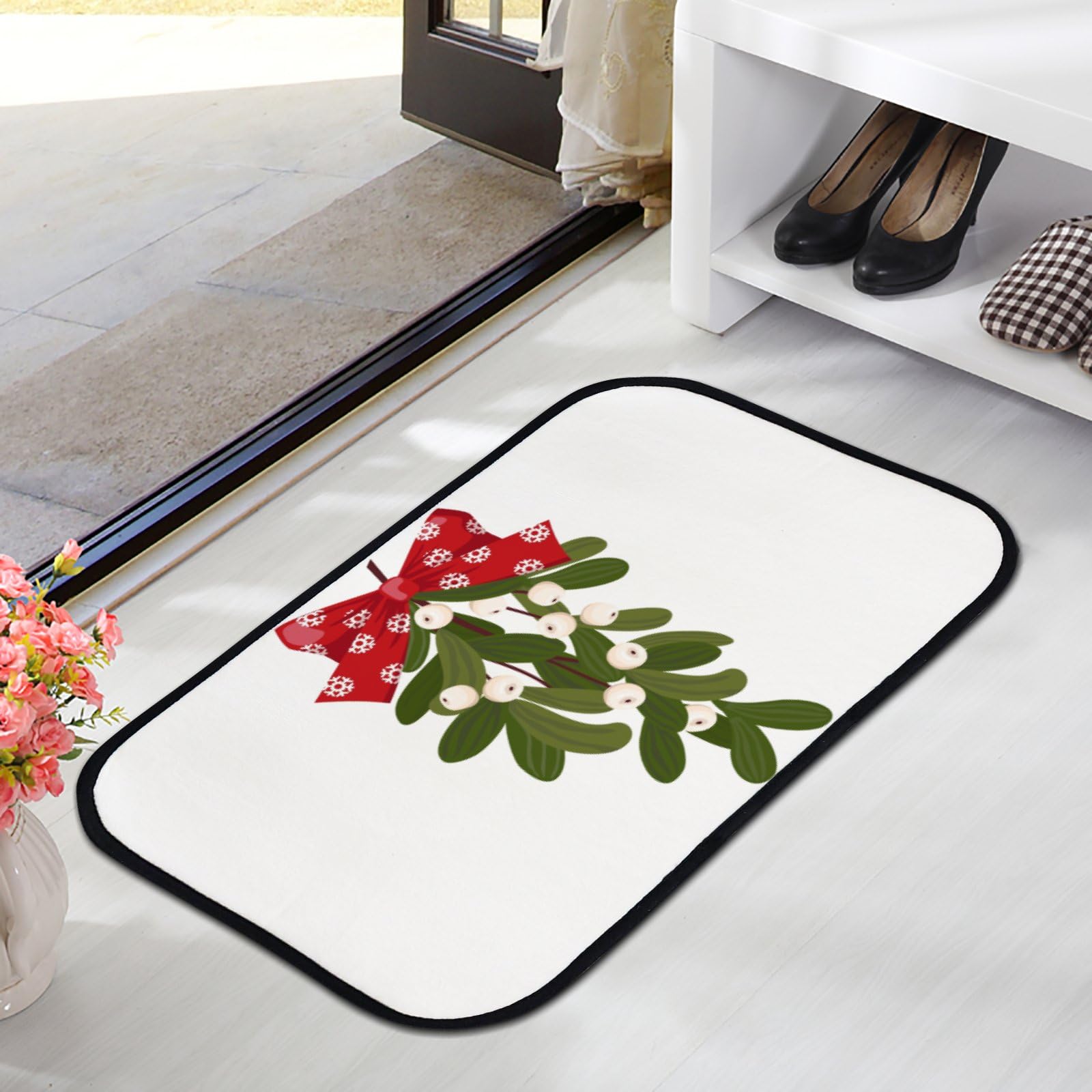 Nuansexi Bathroom Rugs Mistletoe Branches Red Bow Floor Mats Non Slip Bathmat Doormat Tub Mat Coral Velvet Absorbent Entrance Carpet Mats Machine Washable Bedroom Decor