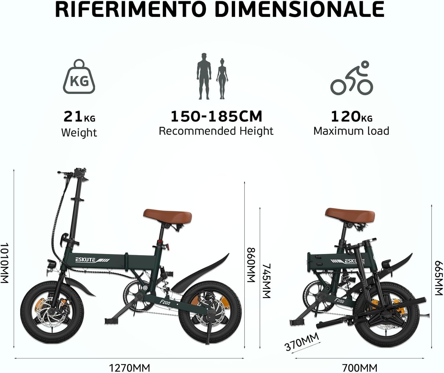 Dimensional diagram of the ESKUTE F200 electric bicycle, showing its unfolded and folded measurements, weight, maximum load, and recommended rider height.