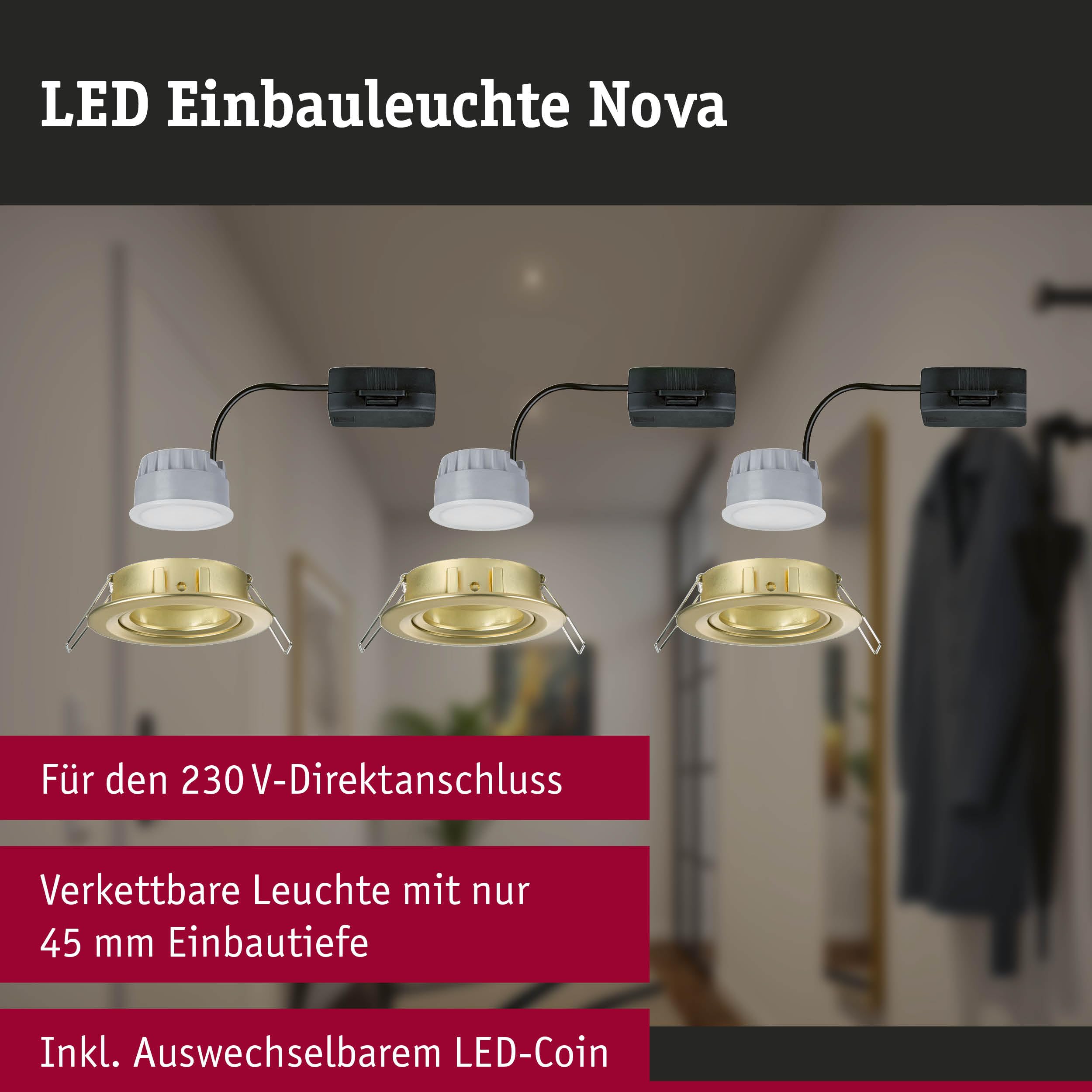 Paulmann 92406 LED Einbauleuchte 3-Step-Dim Nova Coin rund 84mm 50° Coin 3x6W 3x470lm 230V dimmbar 2700K Gold matt