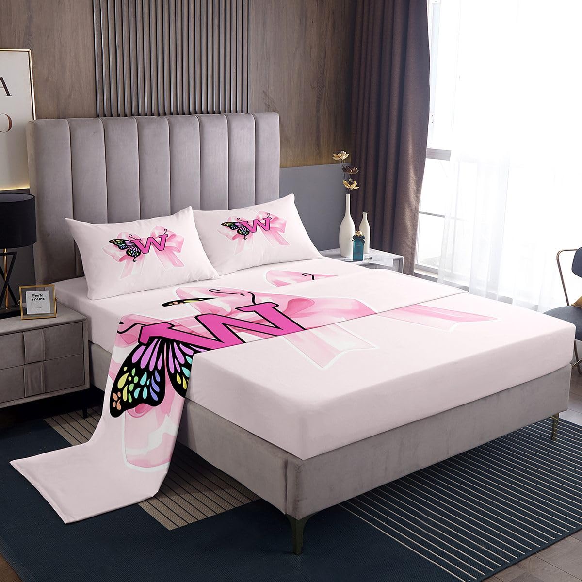 Erosebridal Pink Bowtie Bed Sheets Set Twin Letter W Sheet Set Cute Butterflies Wing Princess Bowknot Sheets Kawaii Fashion Ribbon Bow Flat Fitted Sheet