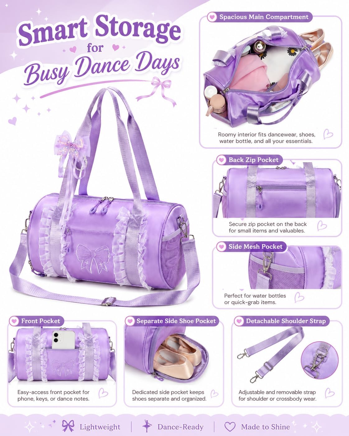 CAMTOP Girls Dance Duffle Bag with Shoe Compartment, Ballet Gymnastics Bag for Girls 4-6, Toddler Travel Overnight Sports Bag with Strap, Cute Ballerina Gift (Purple)