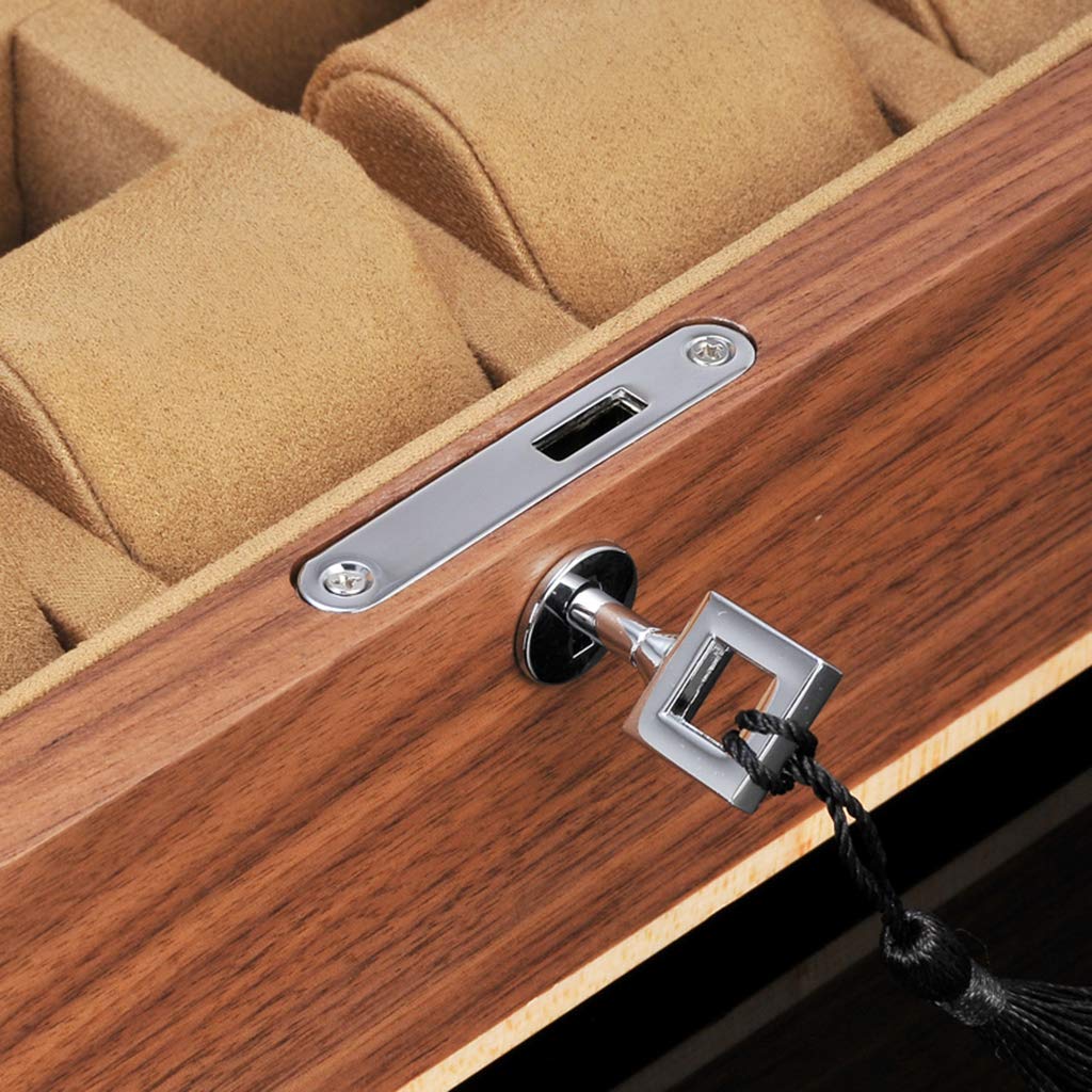 Scatola Porta Orologi a 10 Scomparti con Vassoio Porta Accessori, Interno in Legno con Rivestimento Morbido e 10 Cuscinetti Rimovibili, Chiusura a Scatto in Metallo.