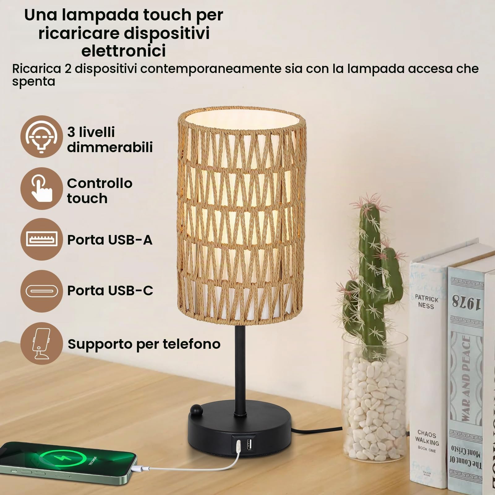 Rayofly Set di 2 Lampade da Comodino, Lampada da Letto Dimmerabile a Tocco con Funzione di Ricarica Porte USB A+C, Lampada da Tavolo Vintage con Paralume in Rattan e Lampadina LED per Camera da Letto