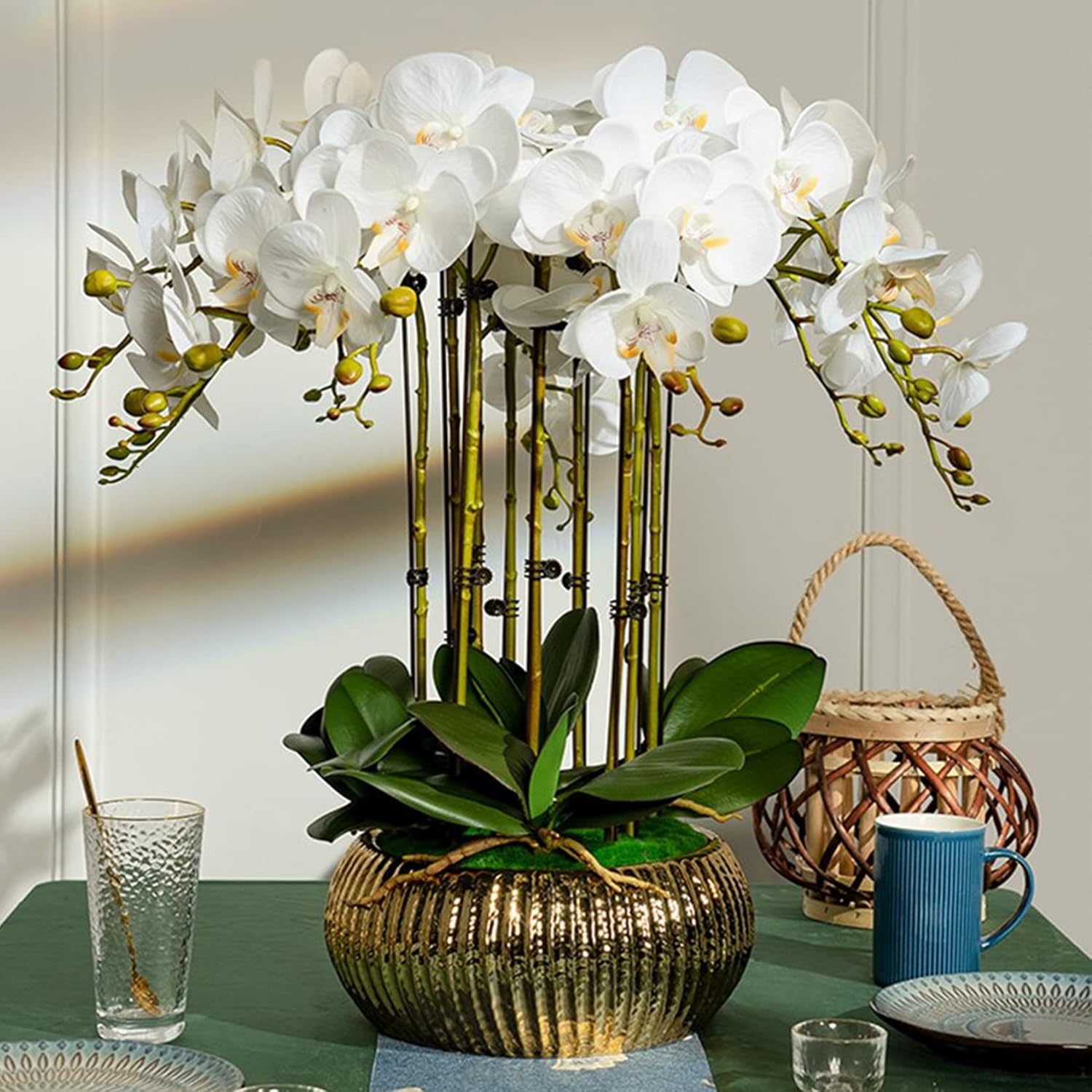 HinyoCo 2 Pcs 9 Head Artificial Phalaenopsis Flowers and 2 Bundles Leaves,42" Big Blooms Orchid Flowers with Leaves Stem Plants for Home Party Wedding Decoration - Image 4