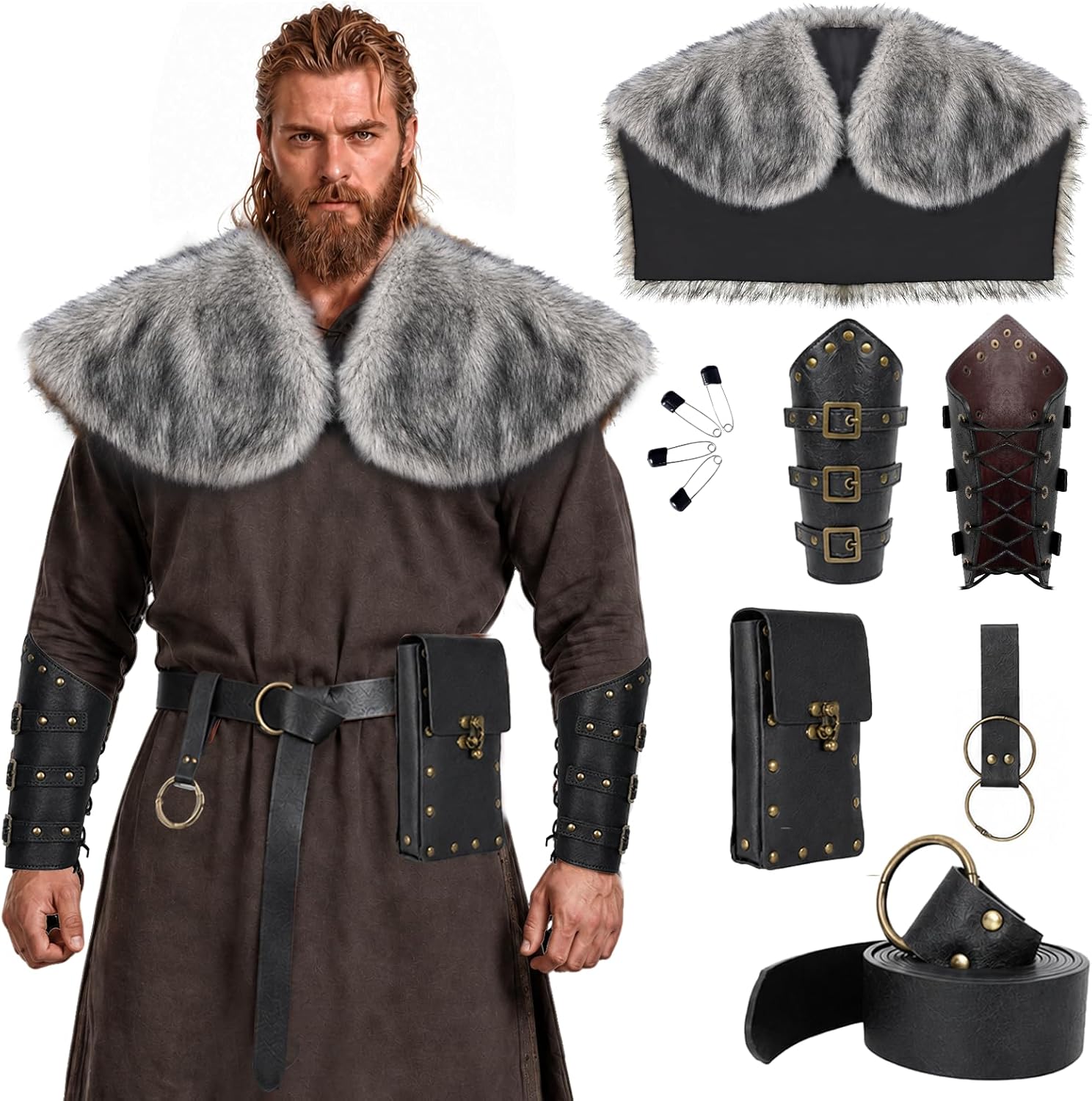 Renaissance Viking Belt Pouch Fur Shawl Set-Medieval Accessories for LARP