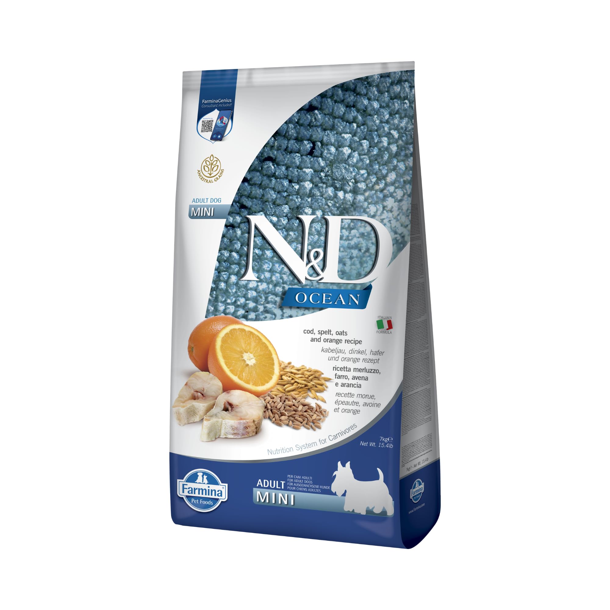 N&D OCEAN DOG CODFISH, SPELT, OATS AND ORANGE ADULT MINI 7KG