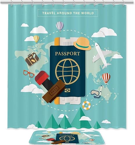 Viaja por todo el mundo con pasaporte y visa juego de cortina de ducha impermeable y tapete de poliéster con ganchos 708 x 708 pulgadas