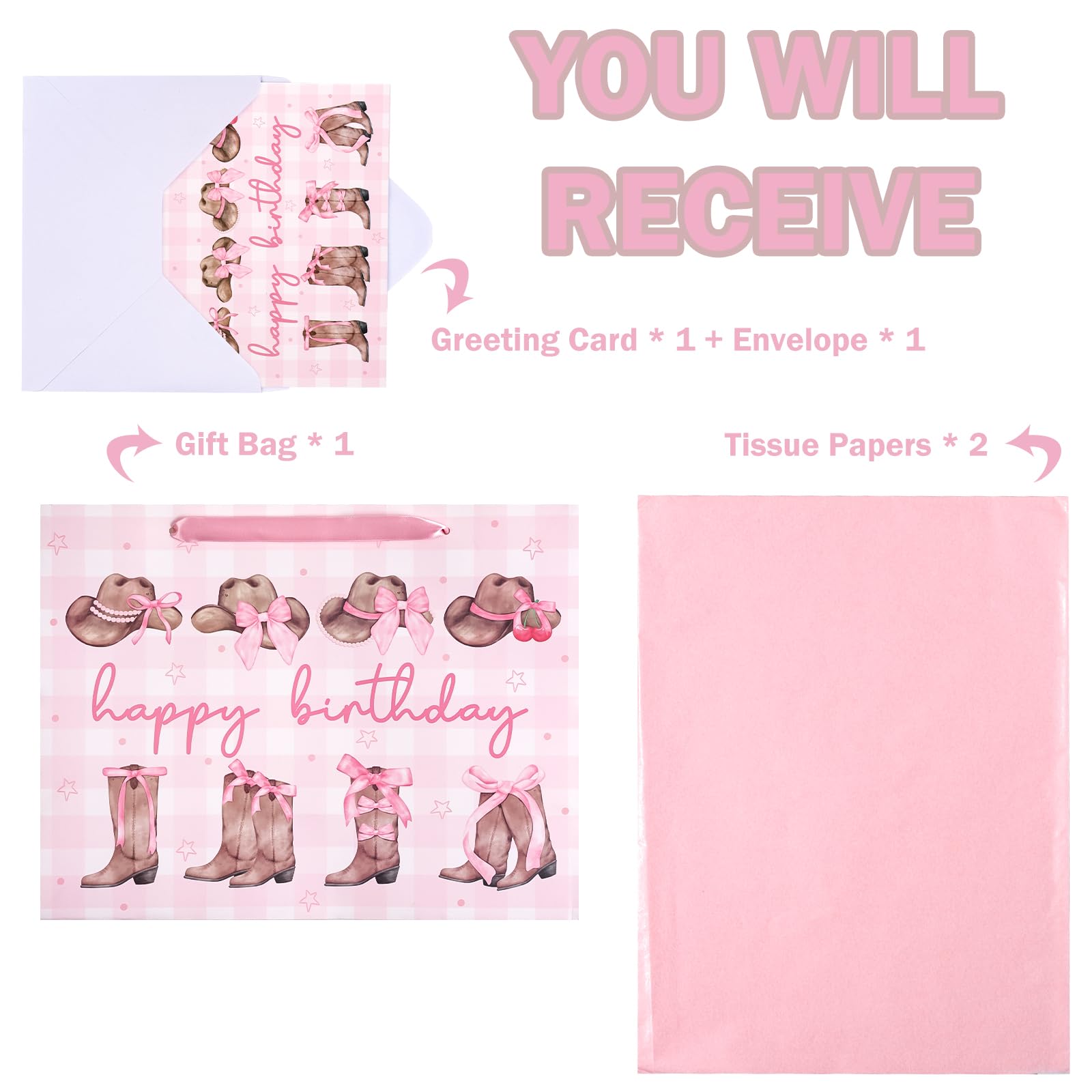 WRAPAHOLIC 13" Large Pink Cowgirl Birthday Gift Bag with Card and Tissue Paper - Western Bow Happy Birthday Wrapping Paper Bags for Party Favors Decor Girls Women Supplies