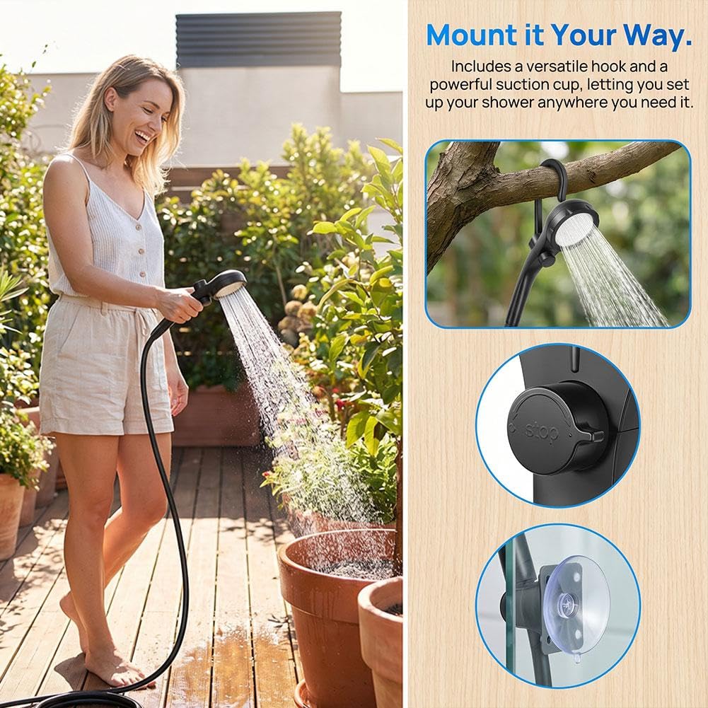 Douche Portable Camping USB 2400 MAh – Pompe Immergée IPX8, 4 Modes, Écran LED, Autonomie 120-180 Min, Pour Rando Et Lavage