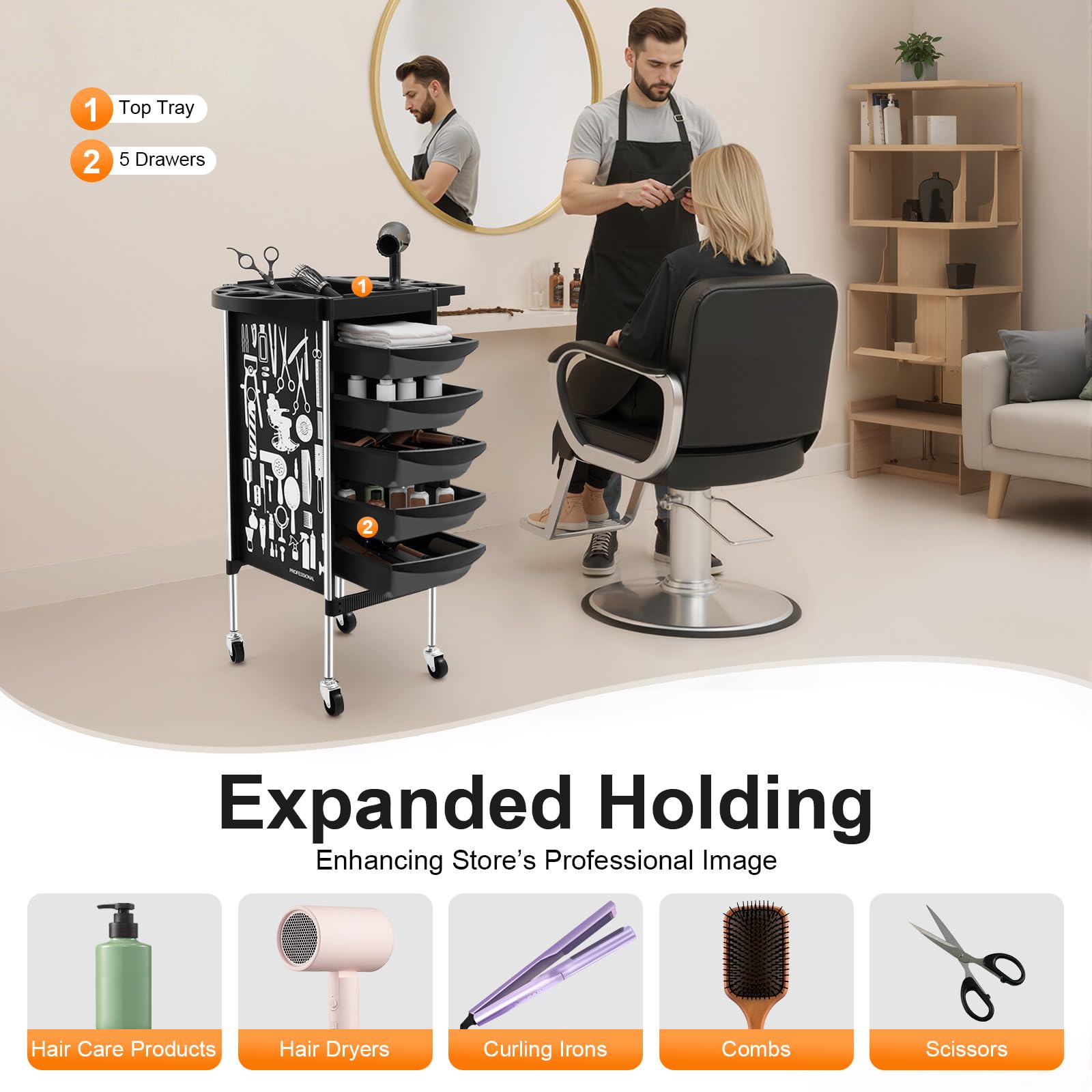Carro de peluquería con 5 cajones y ruedas, capacidad de carga máxima de 100 kg, para salones de belleza, barbería, color negro