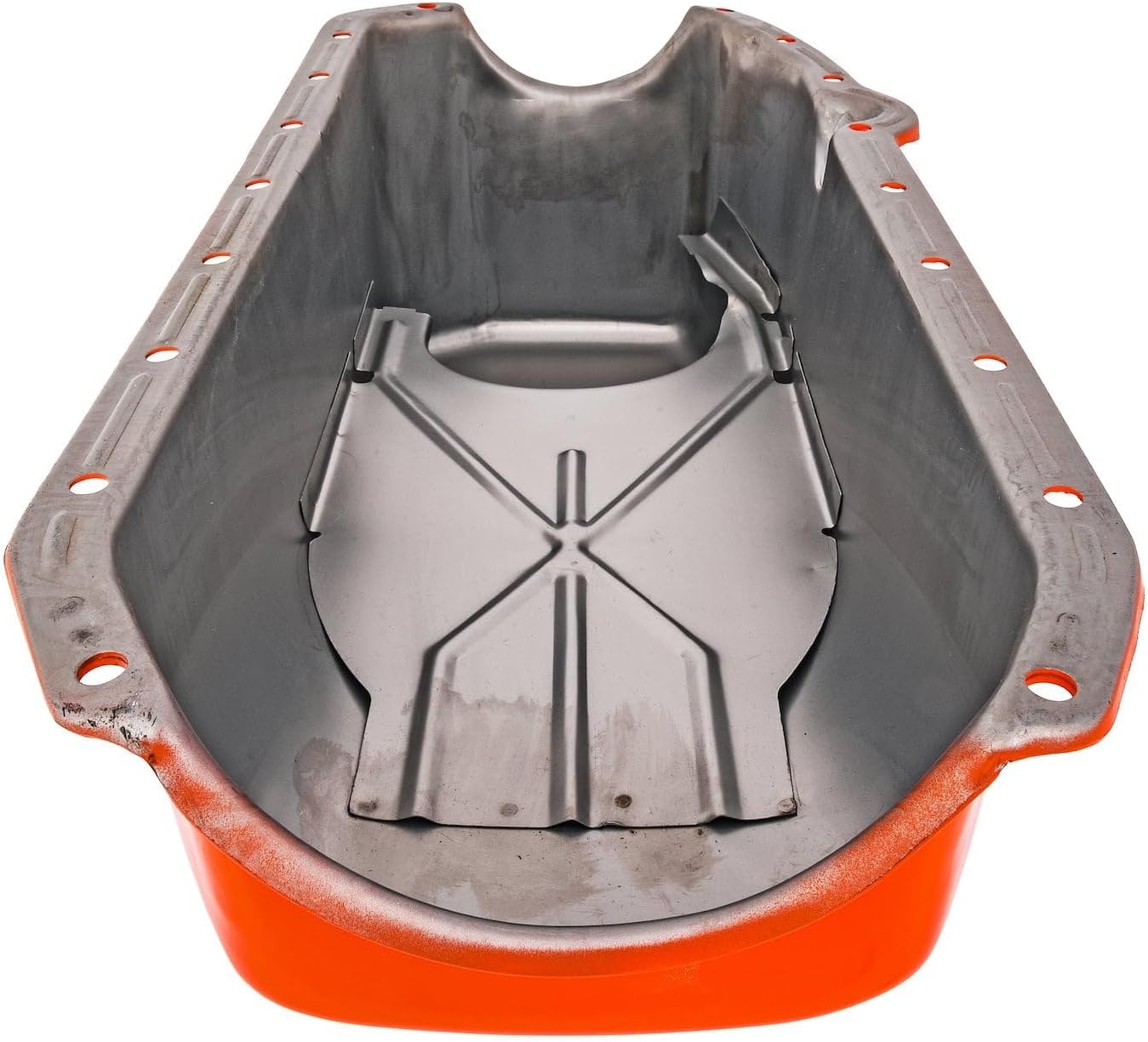 JEGS Stock-Style Replacement Oil Pan for 1958-1979 Small Block Chevy [Left/Driver Side Dip Stick, Orange Finish]