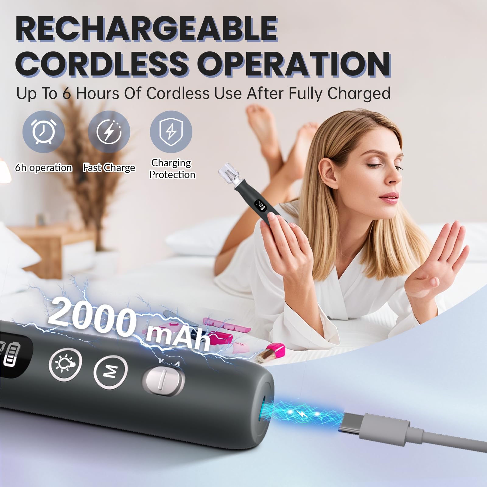 Trapano elettrico per unghie, senza fili, 2000 mAh, ricaricabile, portatile, 12 in 1, kit per unghie spesse, 10 velocità, per manicure professionale e pedicure per la cura delle unghie naturali delle