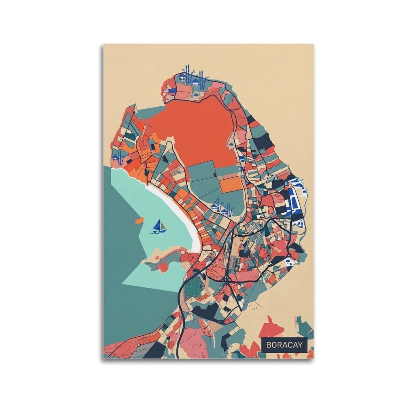 OKNGB Vintage Modern Abstract City Map Poster Boracay Travel Decorative Painting Canvas Art Picture 24x36inch(60x90cm)