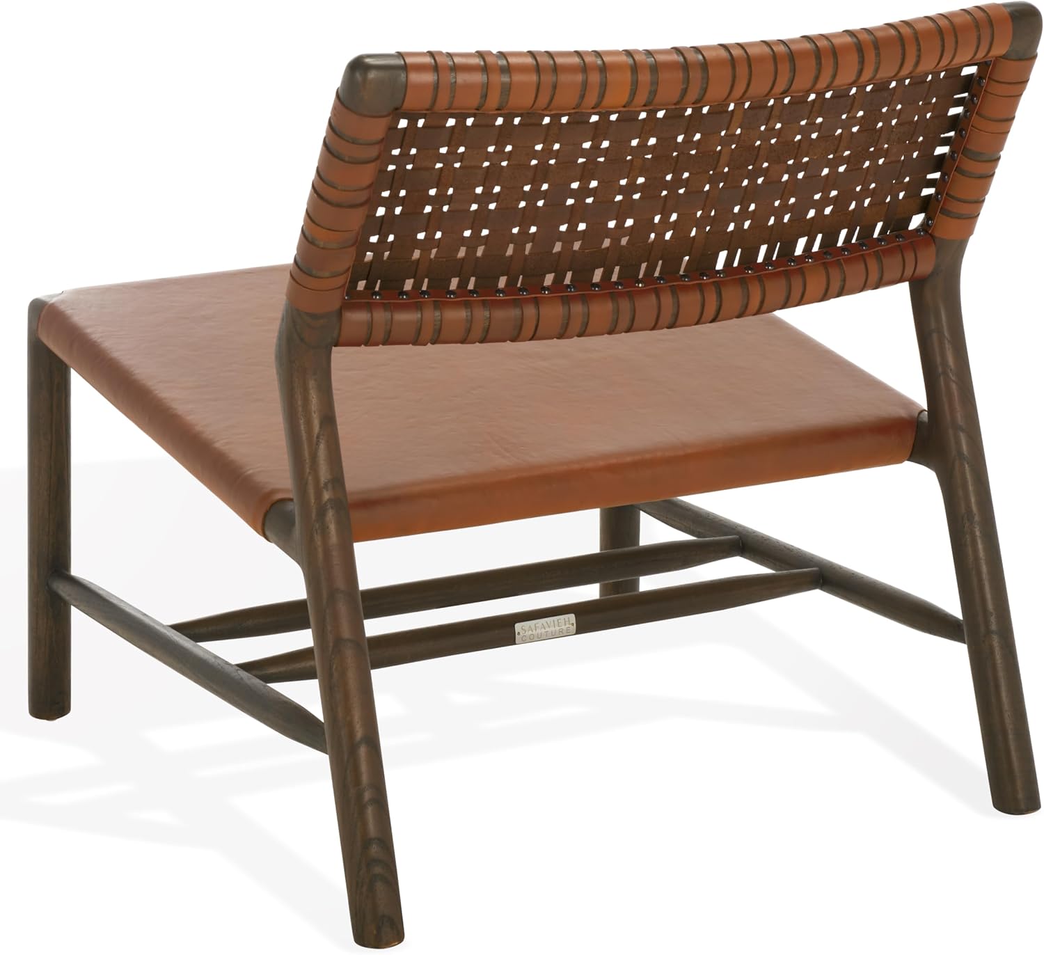 SAFAVIEH Couture Collection - Valdina Brown & Walnut Woven Leather Accent Chair, Low Profile Design, Solid Wood Frame, Fully Assembled (SFV1904B)