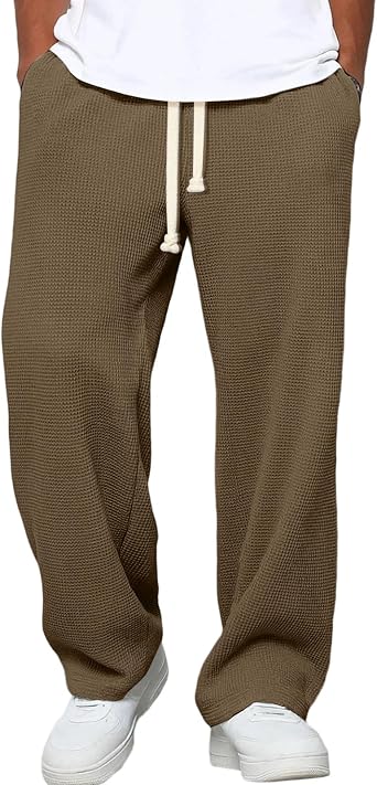 Waffle Sweatpants Men Drawstring Wide Leg Baggy Pants Lightweight Breathable Hiking Sweatpant Mens Lounge Pant