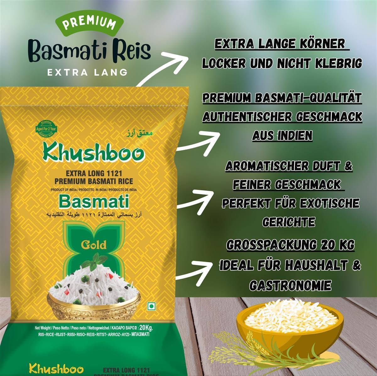 Khushboo Gold Premium 1121 Basmati Reis - 2x 20 kg - indischer Langkornduftreis - ohne Zusätze & höchste Qualität - ideal für Reisgerichte mit Relish & Chutney - angebaut in der Himalaya Region