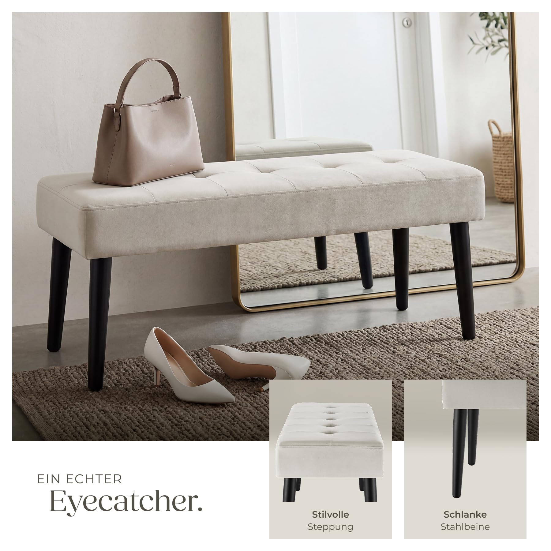 TecTake® Sitzbank, 95 x 38 x 45 cm, edles Steppmuster, belastbar bis 220 kg, gepolstert, bodenschonende Kappen, pflegeleicht, Polsterbank, Bank, Sitzgelegenheit, Flurmöbel - Samtoptik Taupe