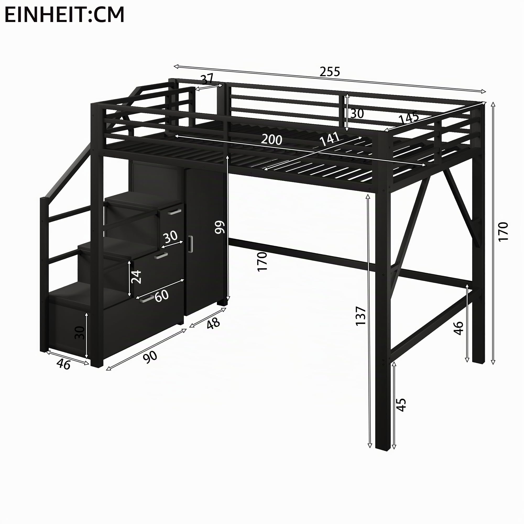 BTM Metall Gaming Hochbett 140x200 mit Kleiderschrank & LED Beleuchtung Hochbett Jugendliche mit Stauraum Treppe, Schwarz