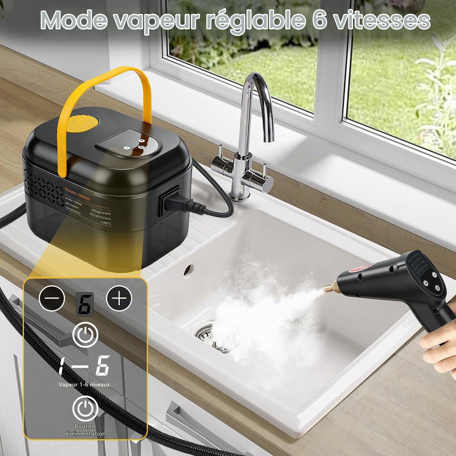 Nettoyeur Vapeur, Nettoyeur Vapeur Portable 1500 W, Nettoyant Vapeur Haute Pression avec réservoir d'eau de 1200 ml, 3 Têtes de Brosse, 6 vitesses réglables, Pour Cuisine, Sols, La Voiture, Fenêtre