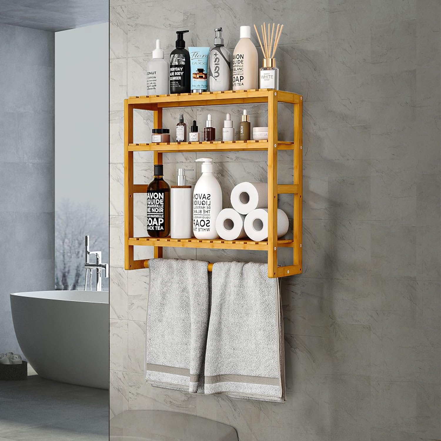 3-Tier Wall Mount Bamboo Shelf, Adjustable Bathroom Organizer Shelves for Storage, Multifunctional 3 Layer Utility Storage Bread/Seasoning Display Rack for Kitchen Living Room Entryway Shop (Natural)