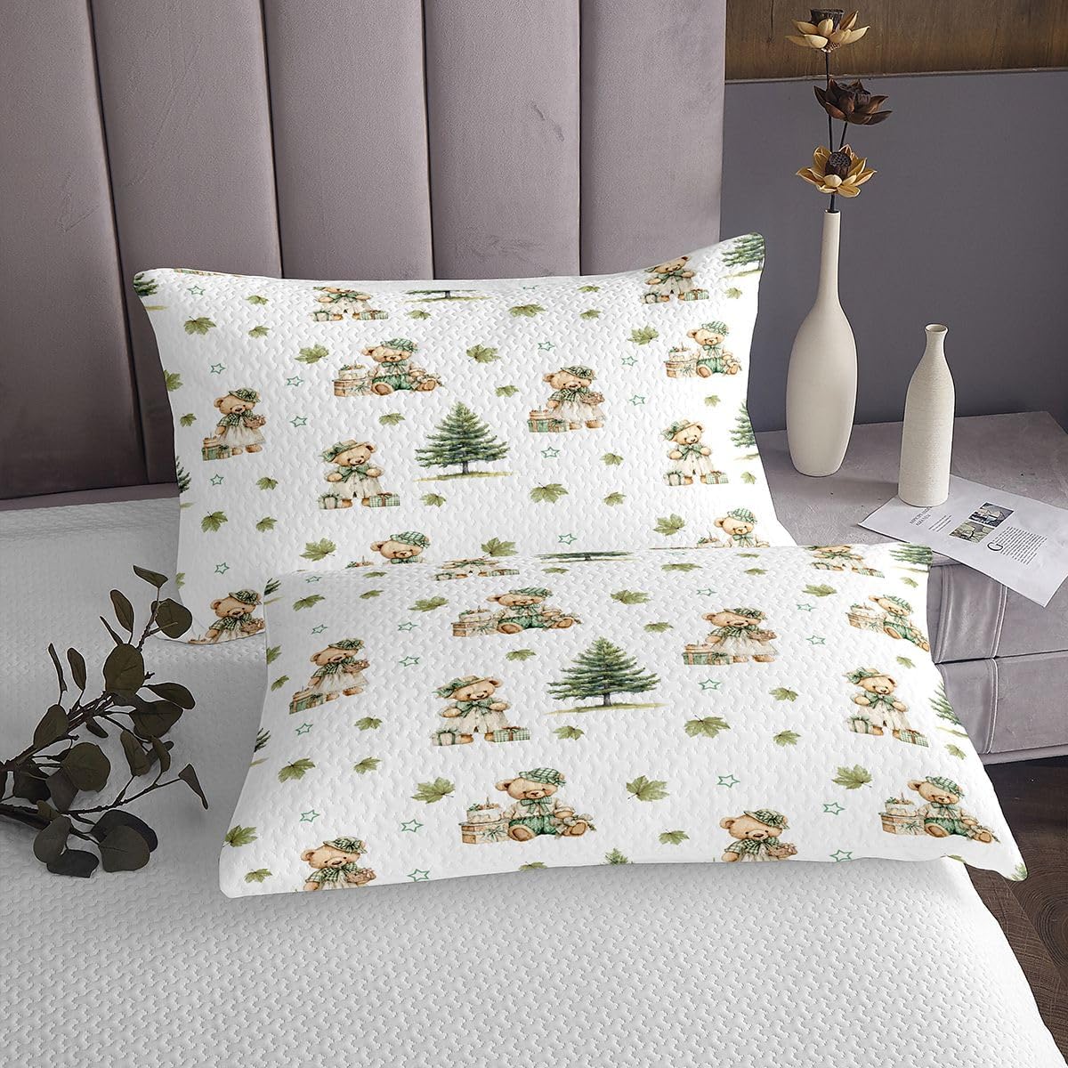 Homewish Princess Bears Quilt Sets Queen Size,Coquette Girly Bedspread 3Pcs for Kids Teens Youth Room Decor,Green Maple Leaf Bedding Sets Cartoon Cakes Gifts Coverlet,2 Pillowcases