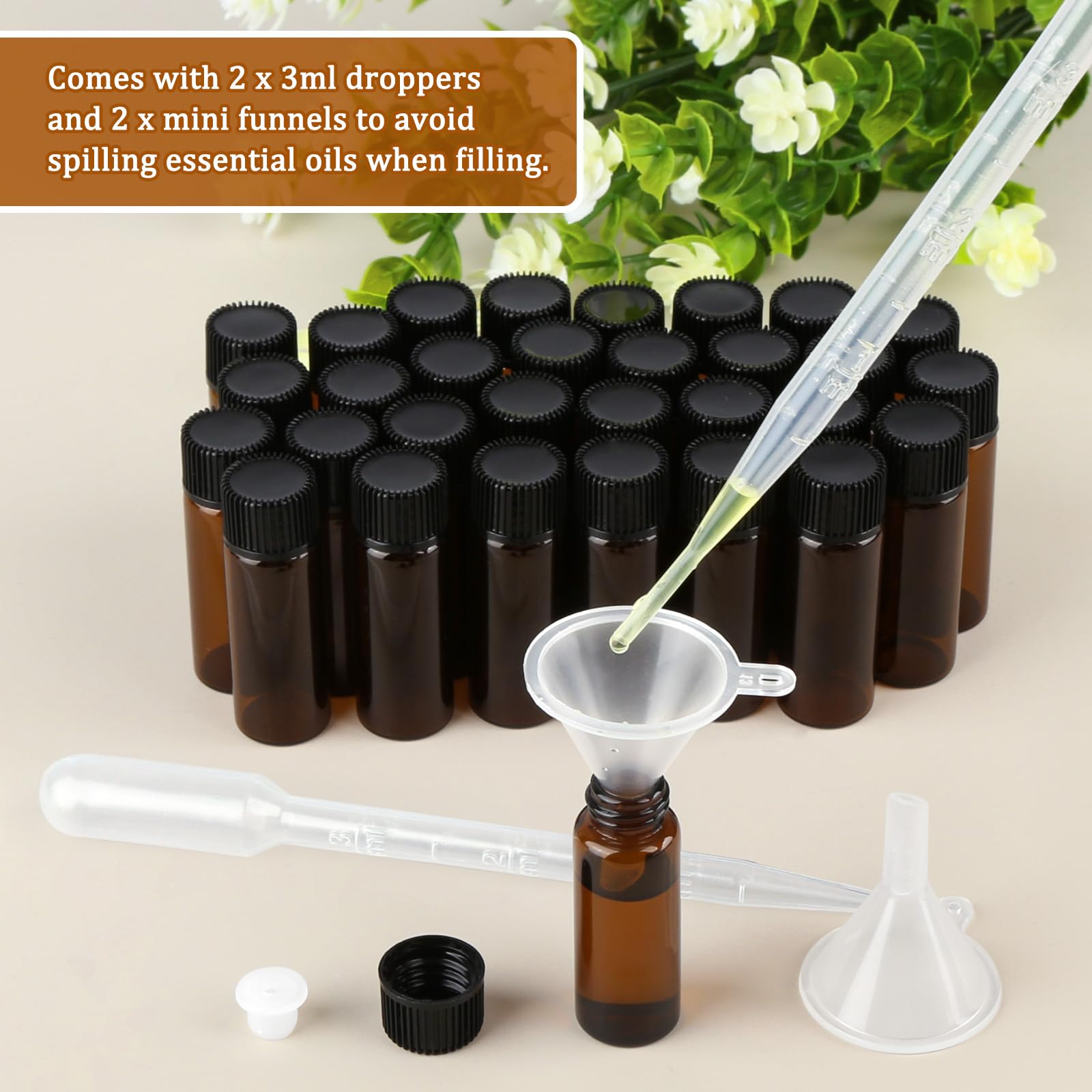 30 Pcs Mini Botellas Aceites Esenciales 5ml Vidrio Ámbar Rellenables con Gotero