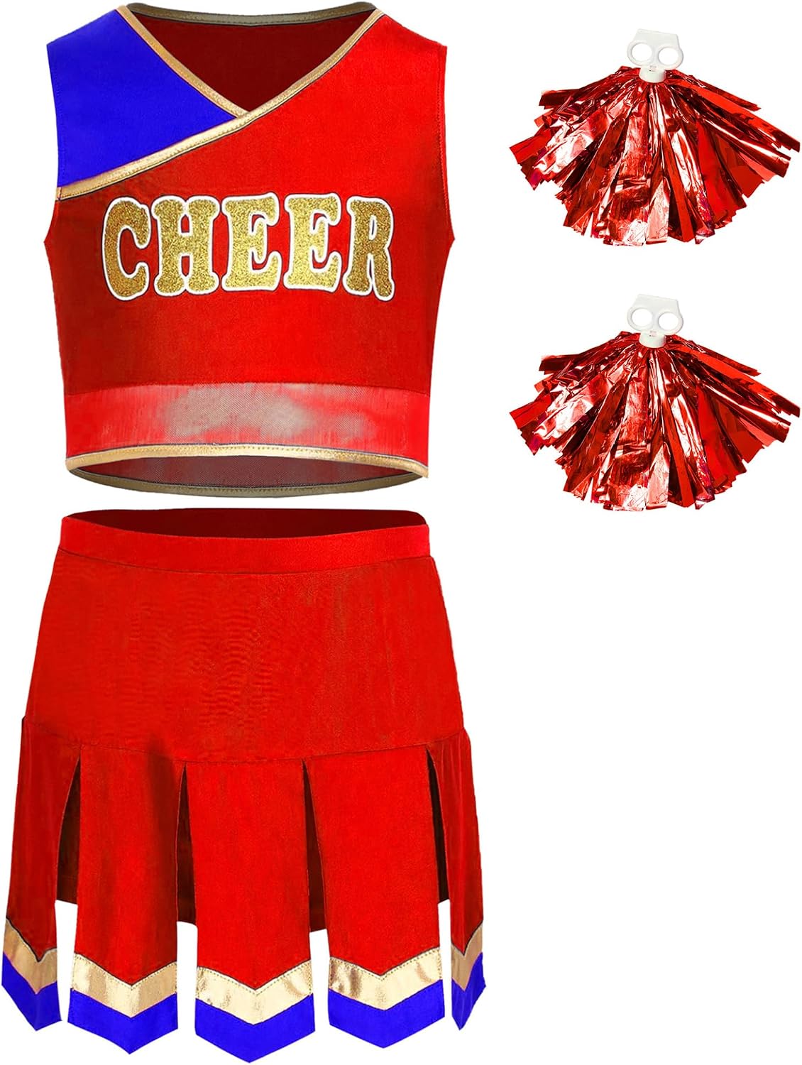 Kids Girls Cheer Leader Uniform Cheerleading Outfits Sleeveless Crop Top with Skirt and Hand Flowers