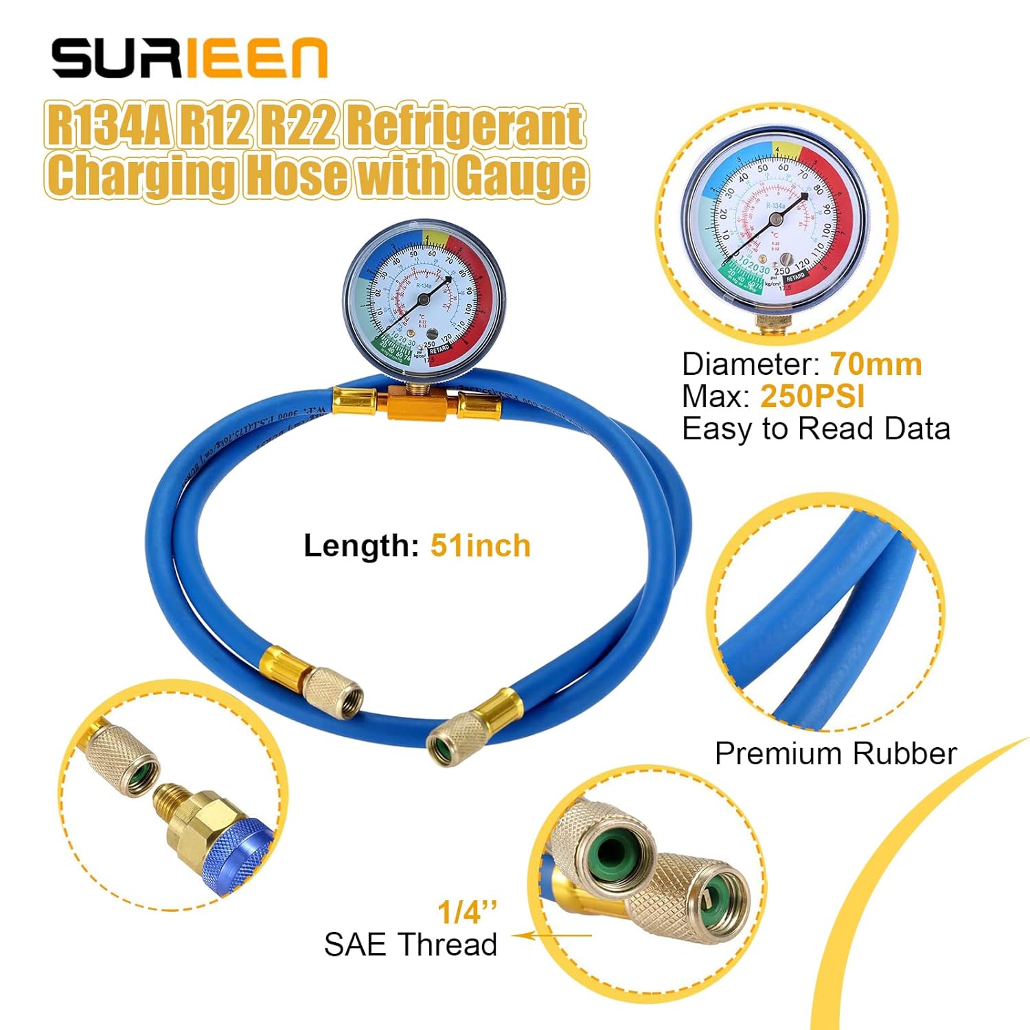 R134A R12 R22 Refrigerant Charging Hose with Gauge Kit, AC Recharge Hose with Gauge and BPV31 Bullet Piercing Tap Valve, R134a Can Tap Valves, R134a Quick Coupler