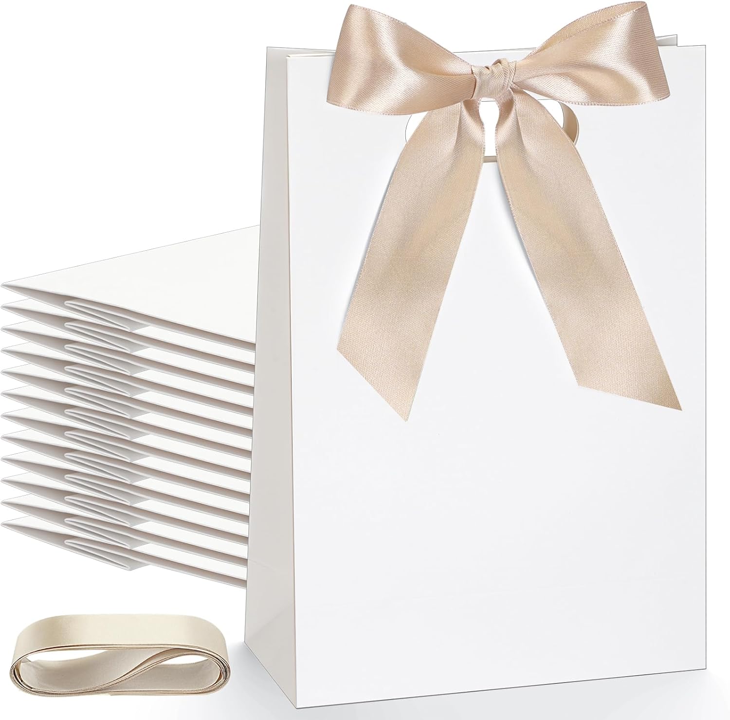 Aliceset 12 Pcs Small Thank You Bridesmaid Gift Bags 10 x 7 x 3.15'' with Die Cut Handles Compact Bags with Bow Ribbon for Wedding Baby Shower Birthday Party Favors(White,Champagne)