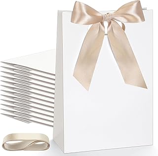 Aliceset 12 Pcs Paper Gift Bags 10 x 7 x 3.15'' Small Thank You Bridesmaid Gift Bags with Die Cut Handles for Wedding Bridal Baby Shower Graduation Birthday Party Favor(White,Champagne)