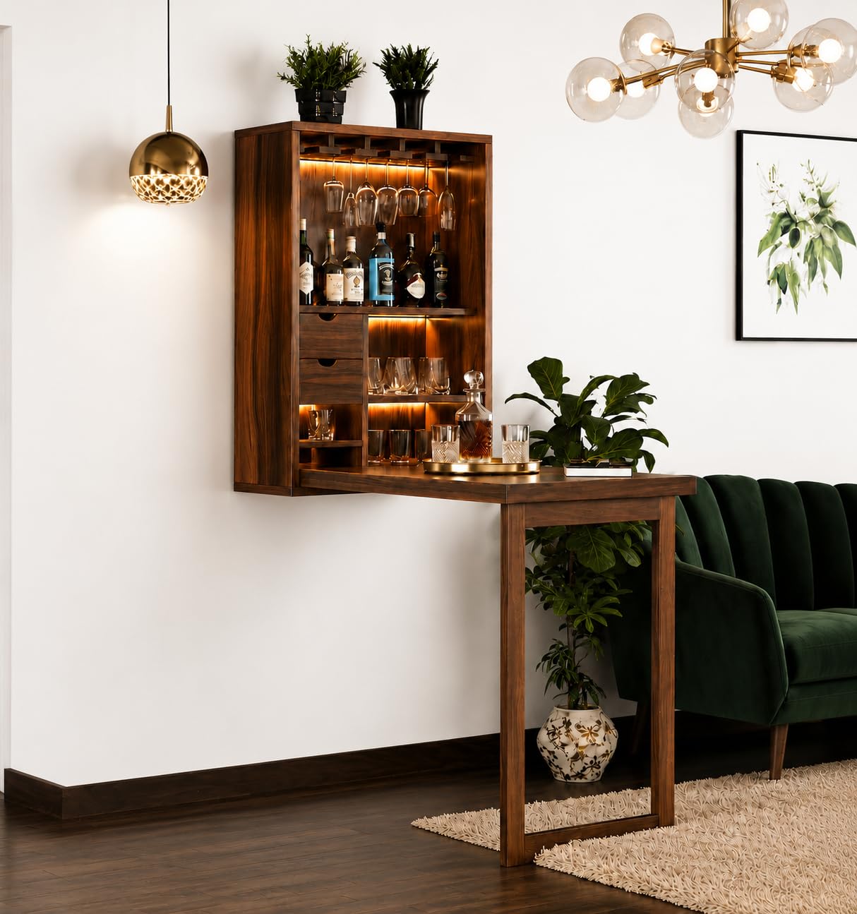 WELL KNOWN Furniture Solid Wood Bar Cabinet for Home | Wall Hanging Design Mini Bar & for Living Room (Natural) (Nature)-image-41