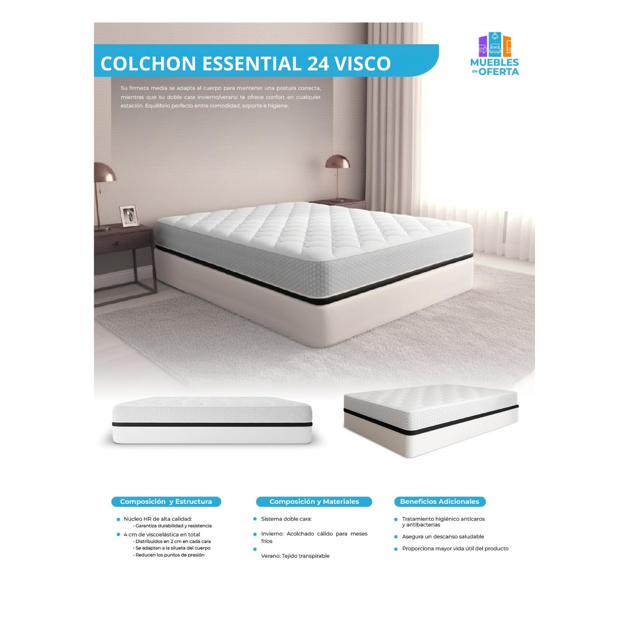 Colchón Viscoelástico | Multicapa | Grosor 24cm | Firmeza Media Alta | Dolores de Espalda | Doble Cara | Transpirable | Antiácaros (90x190, 24, Medio-Alto, Centímetros)