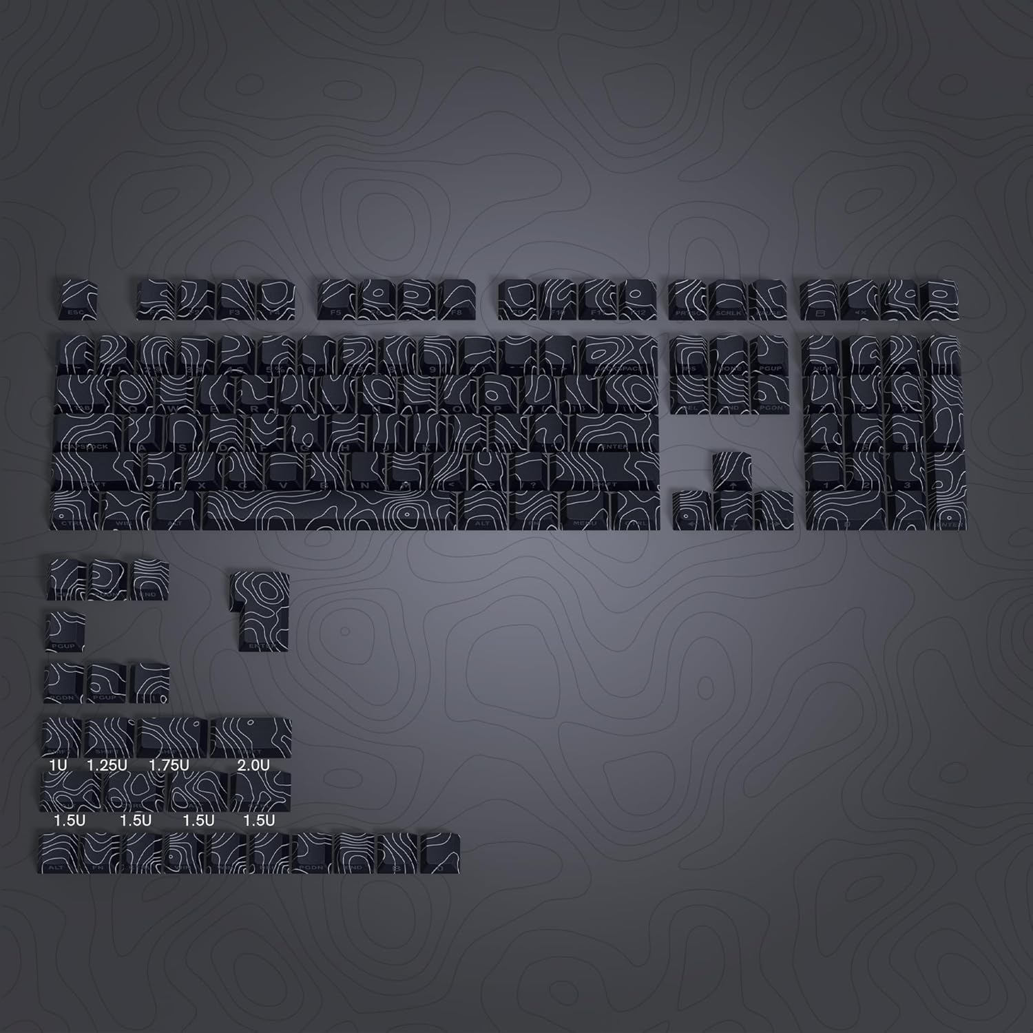 PBT Keycaps, Schwarze topografische 60 75 Prozent Lines Backlit, Shine Through Tastenkappen, Seitlich Bedruckte Cherry Profile für100%, 75%, 65%, 60% ANSI US Tastatur(nur Tastenkappen)