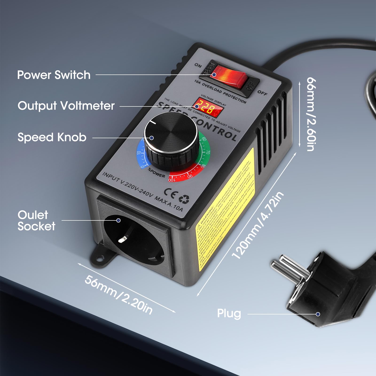 AC 230V 4000W Drehzahlregler, Drehzahlregler Motor Stufenloser Spannungsregler mit Überlastschutz & Flammenhemmendem ABS-Gehäuse, Motor-Geschwindigkeitsregler für Winkelschleifer, Gebläse, Lötkolb