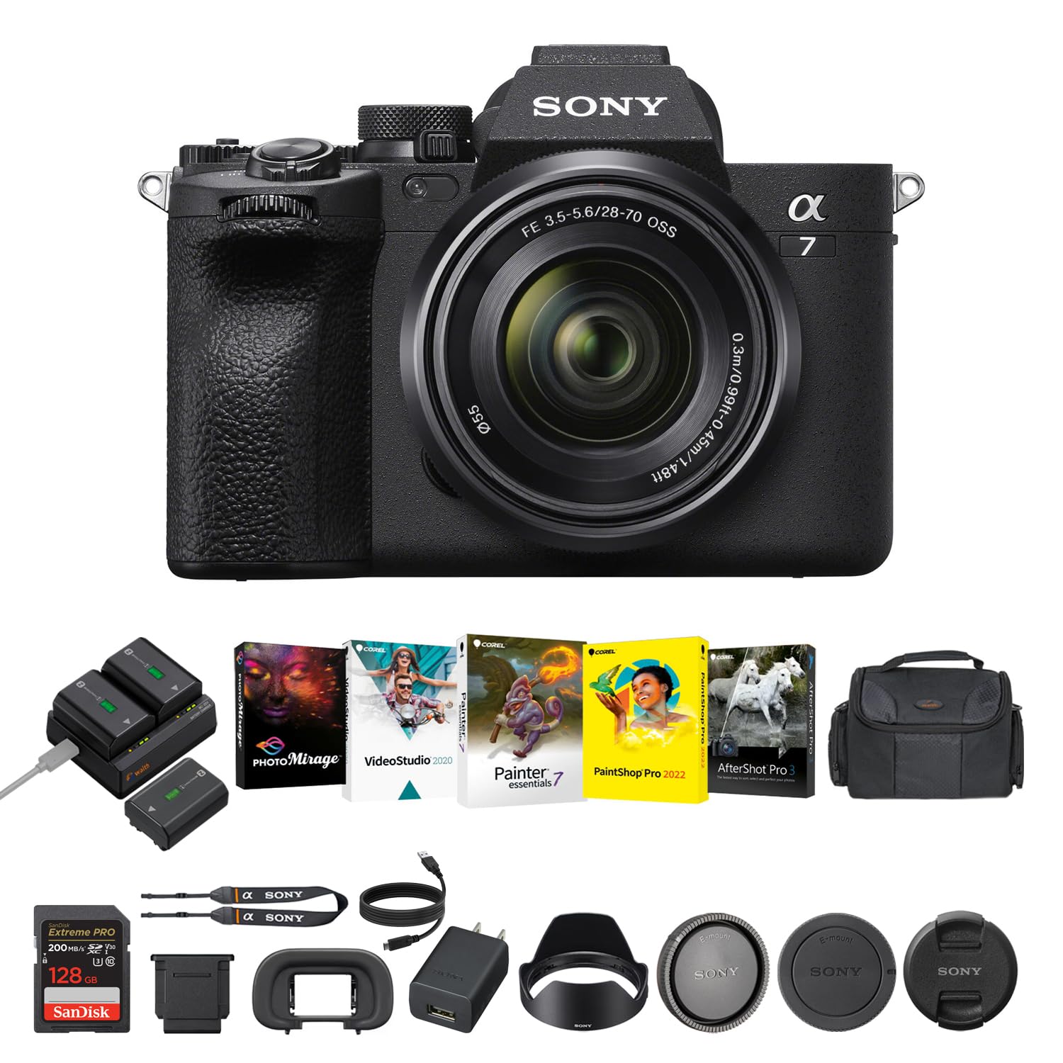 Sony a7 IV Mirrorless Camera with 28-70mm | Fast Hybrid Digital Camera with Batteries & Dual Charger Kit, Corel Software Kit, 128GB SDXC Memory Card &