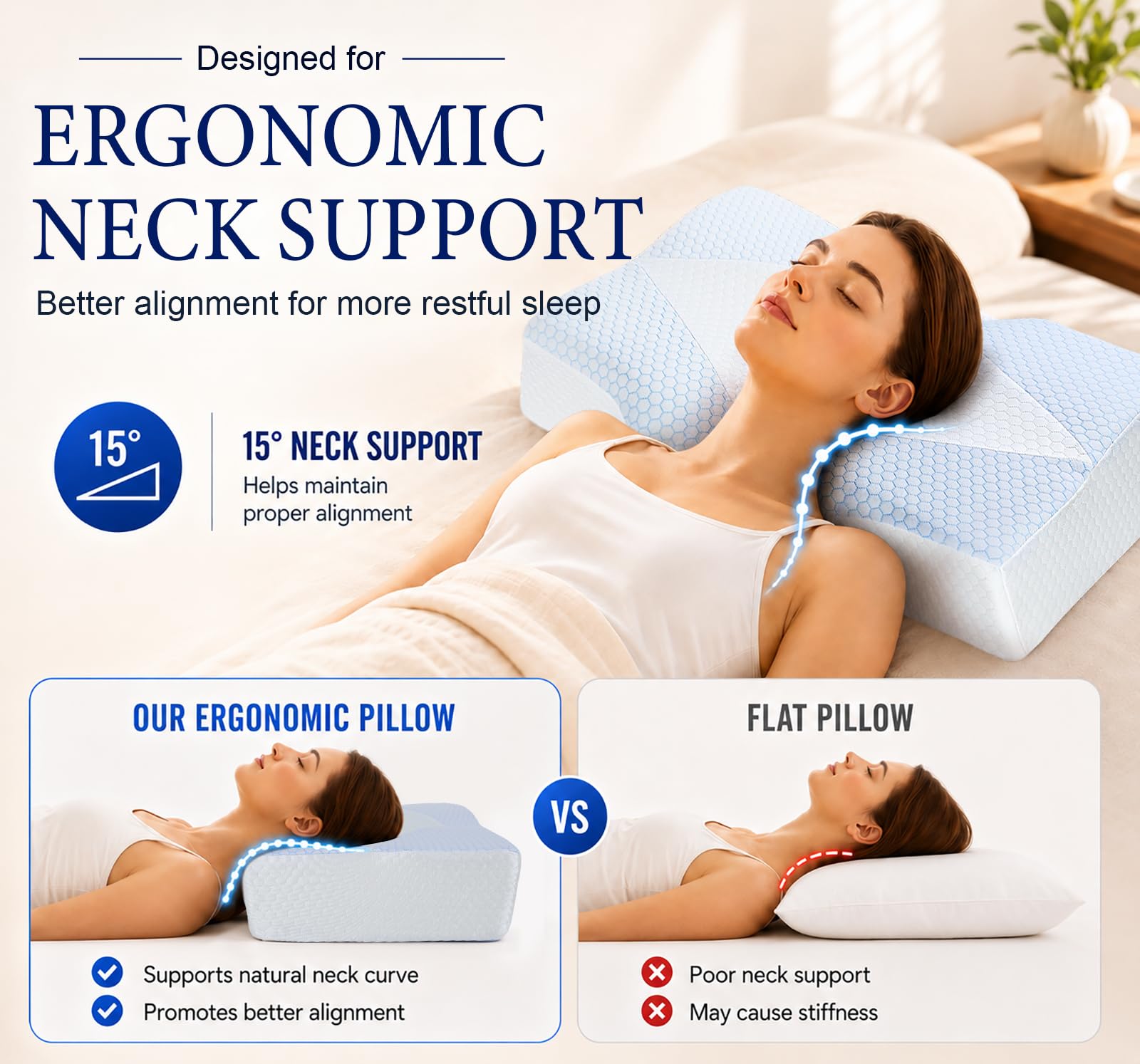 Hydomi Cuscino di supporto cervicale in memory foam per dolori al collo e alle spalle, con federa rinfrescante: cuscino ergonomico per cervicale, 5 x sollievo dal dolore, cuscini per letto sagomato