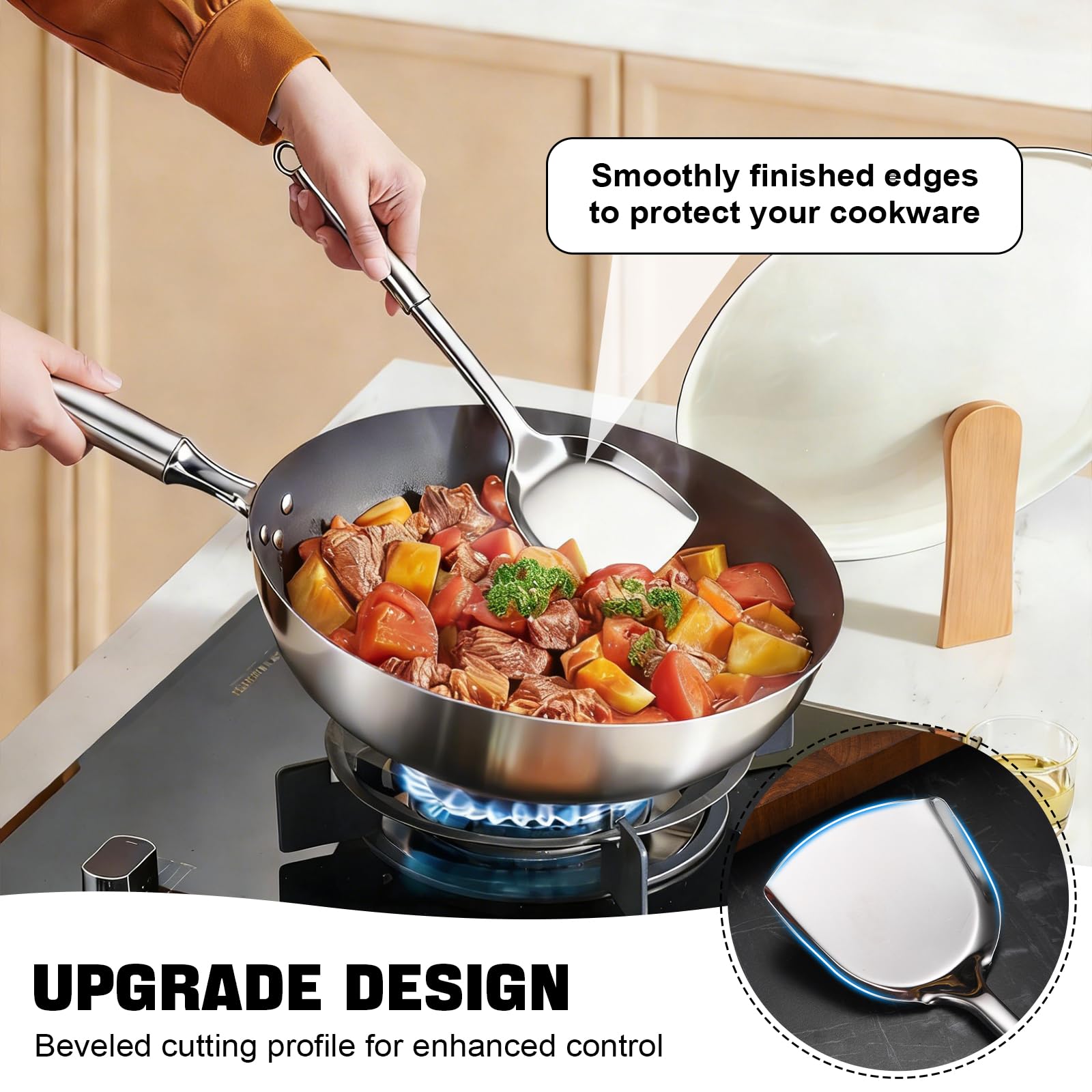 Set Utensili Cucina in Acciaio Inox 7 Pezzi, Set Pentole con Supporto (Mestolo, Schiumarola, Paletta, Forchettone, Cucchiaio per Riso), Lavabile in Lavastoviglie, set pentole acciaio ino