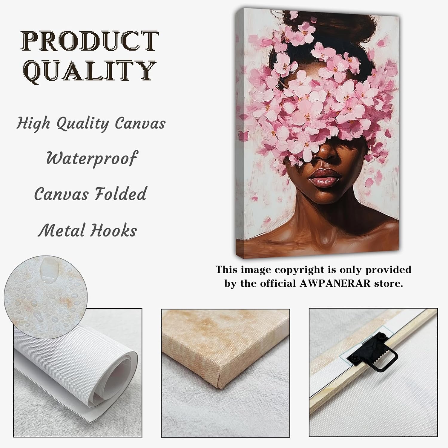 AWPANERAR African American Canvas Wall Art Black Woman Poster Painting Abstract Girl with Flowers Painting Vintage Girl Portrait Bedroom Living Room Decor (Black, (18L x 12W))
