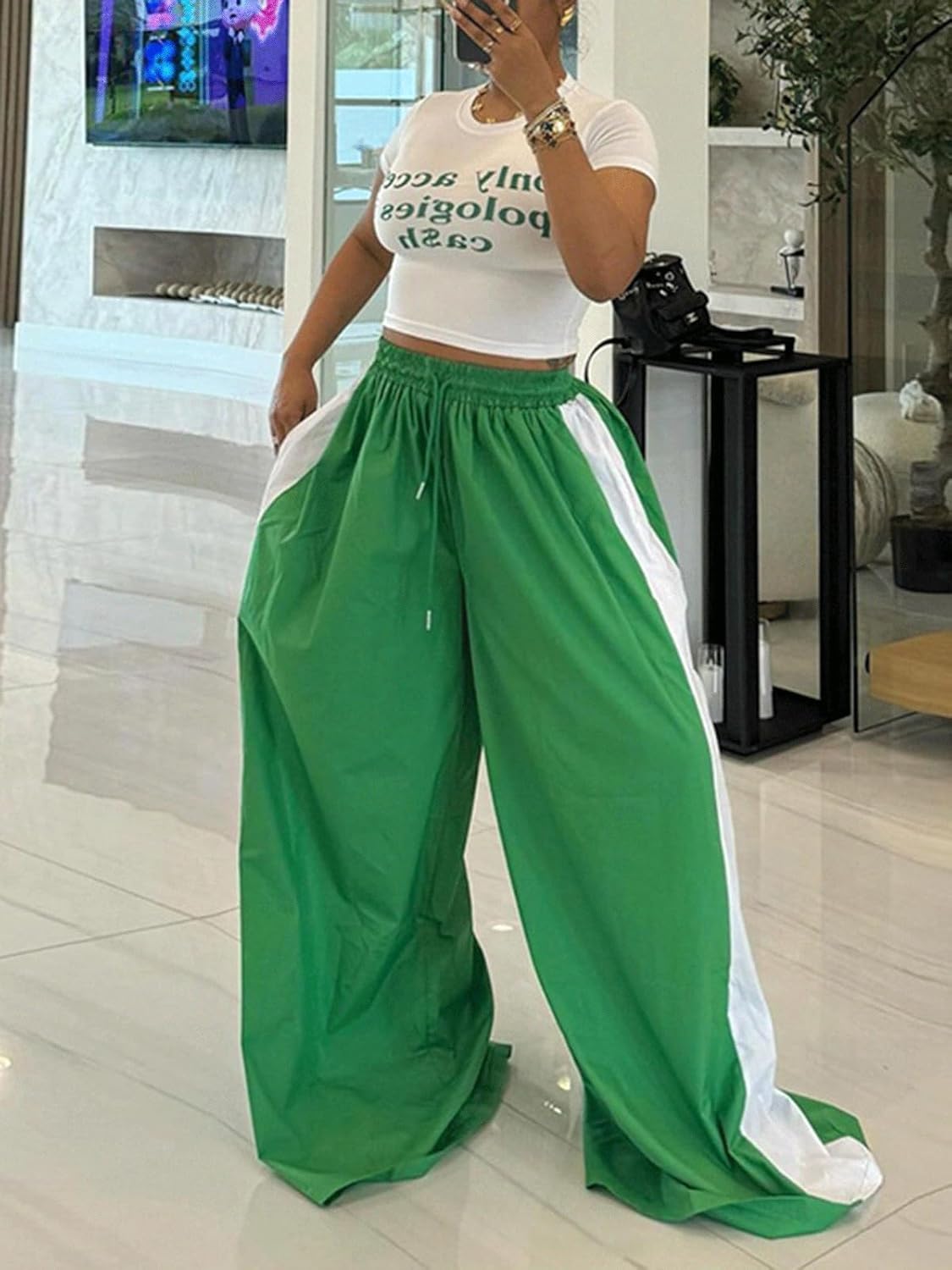 KANSOON Wide Leg Pants Woman Casual Elastic High Waisted Palazzo Lounge Pants Loose Pleated Striped Trousers - Image 4