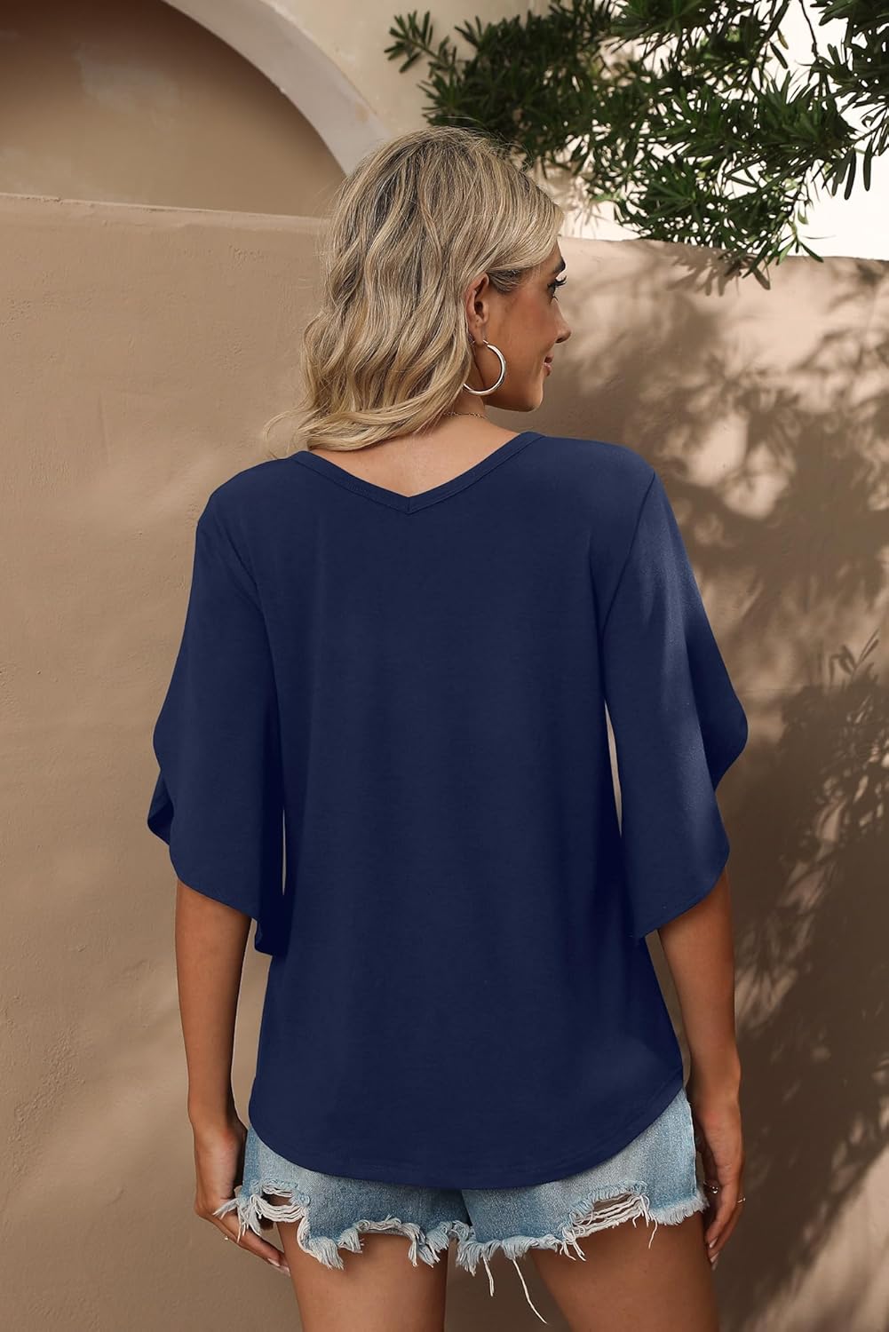 SUEANI Women's Tie Front Blouses V Neck 3/4 Split Sleeve Summer Knot Tops T Shirts - Image 2