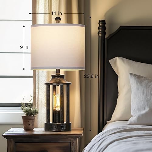 Miniatura 5 de Juego de 2 lámparas de mesa de granja, lámparas vintage para sala de estar con 2 puertos USB, lámpara de dormitorio regulable de 3 vías con control